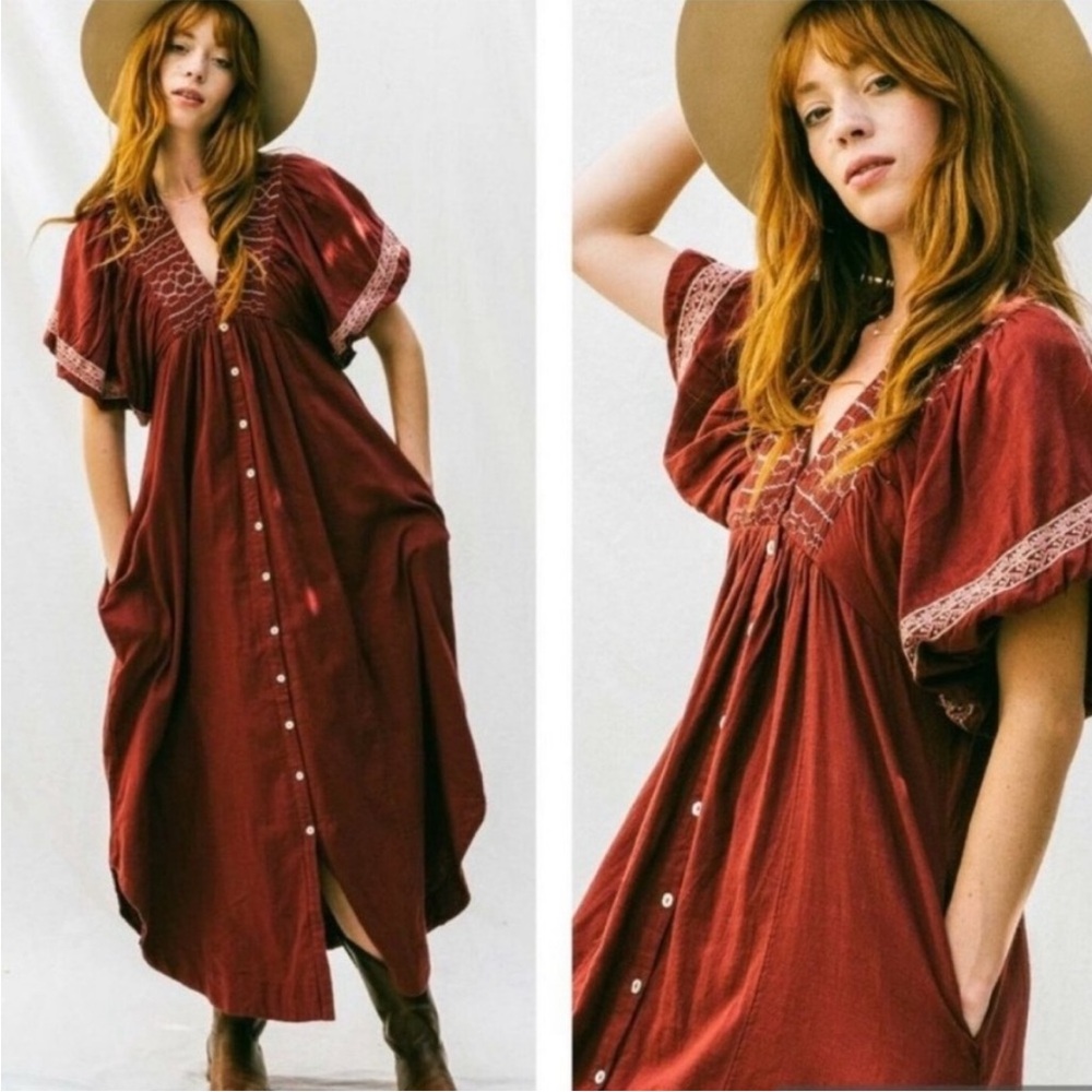 NWT -Free People Rust Red Button-Front Boho Maxi Dress